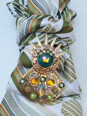 Statement Necktie Necklace with Handcrafted Brooch